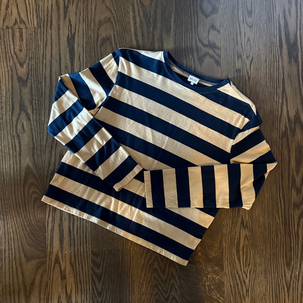 KULE Venice Long Sleeve Shirt in Navy and Beige Stripes